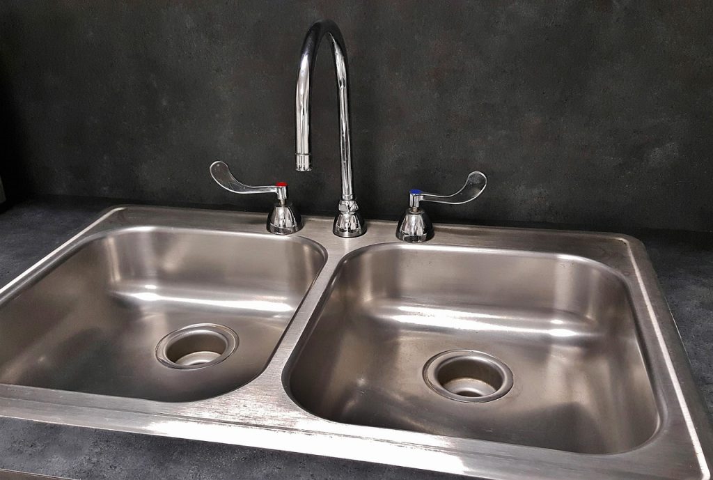 basin, sink, nature, kitchen sink, tap, drain, faucet, countertop, water, plumbing, dishes, dirty dishes, dishwashing, wash, clean, shiny, stainless steel, gray water, gray kitchen, gray clean